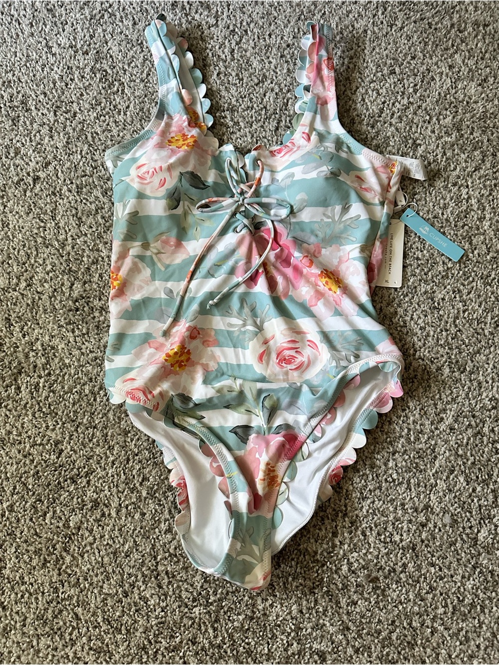 Cupshe Floral Stripe One-Piece Swimsuit in Mint & Pink